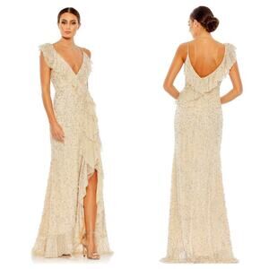 Mac Duggal Sequin Ruffle Gown Sleeveless Silver Nude Women's Size 20 NWT